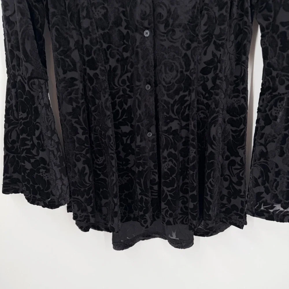Withcy Whimsygoth Black Velvet Burnout Top Womens Medium Black Bell Sleeve Boho